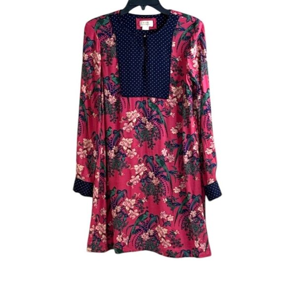 Anthropologie Women's Maeve Bird Print Polka Dot Trim Dress Pink Navy Size 4 - Picture 9 of 10